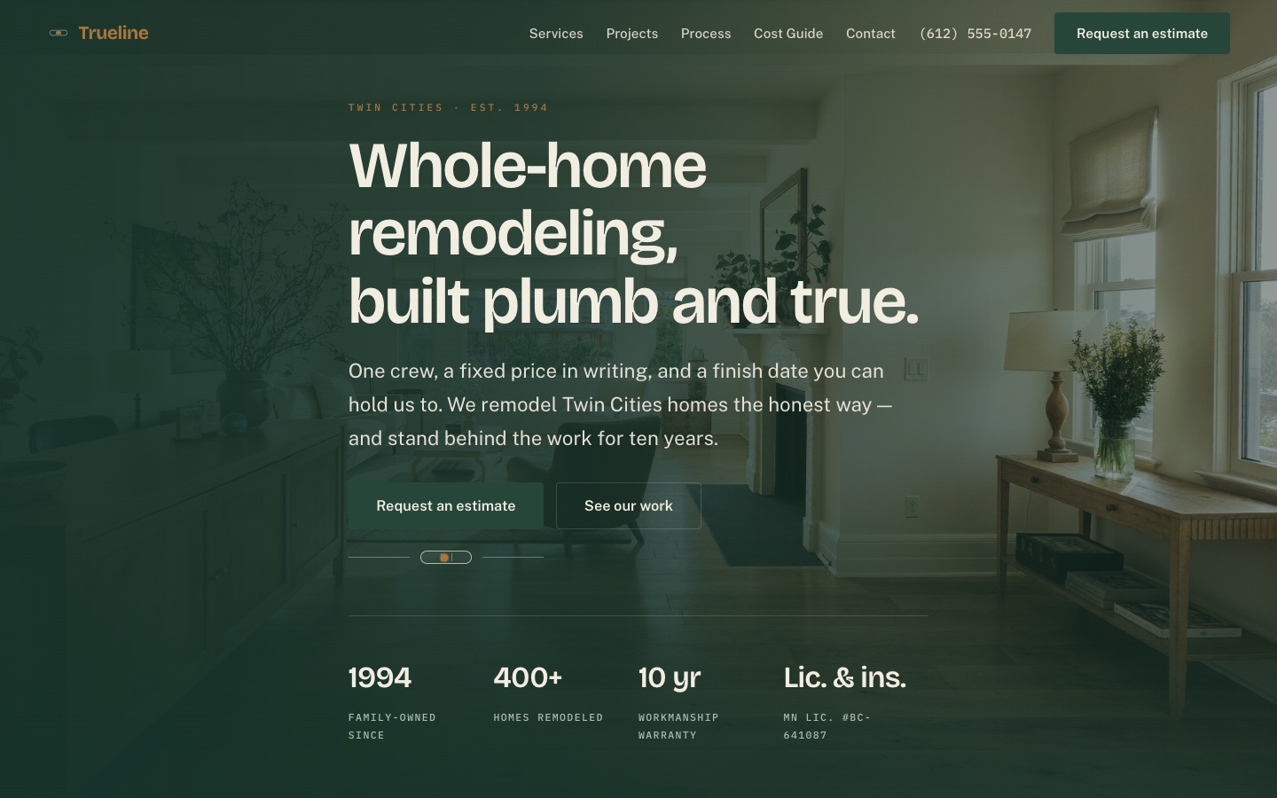 Trueline Builders — a trust-forward demo build for a whole-home remodeler in the Twin Cities