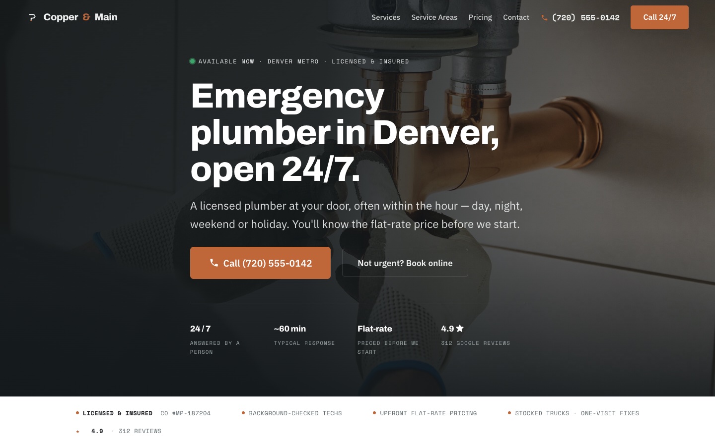 Copper & Main — a phone-first, SEO-heavy demo build for a 24/7 emergency plumber in Denver